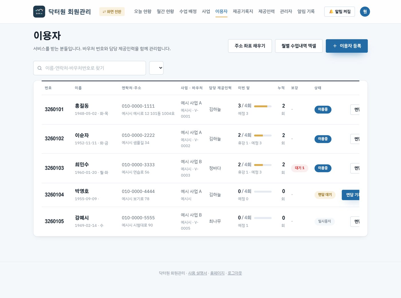 이용자 명부 — 사업·담당 인력·이번 달 수업